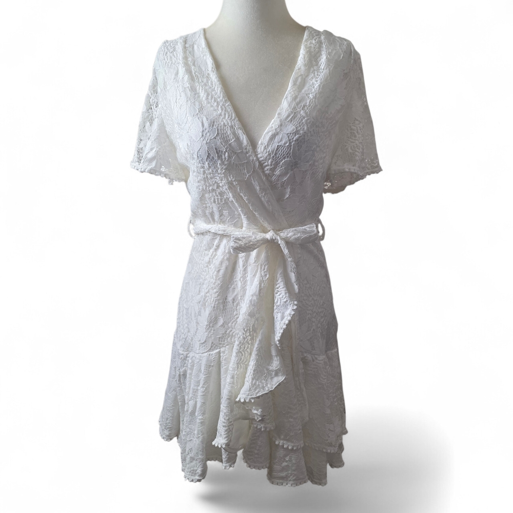 Halfisland White Lace Embroidered Wrap Mini Dress